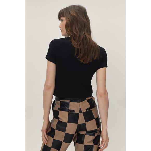 Nasty Gal Checkerboard High Waisted Real Leather Pants Womens 4 Black Brown - Picture 11 of 12